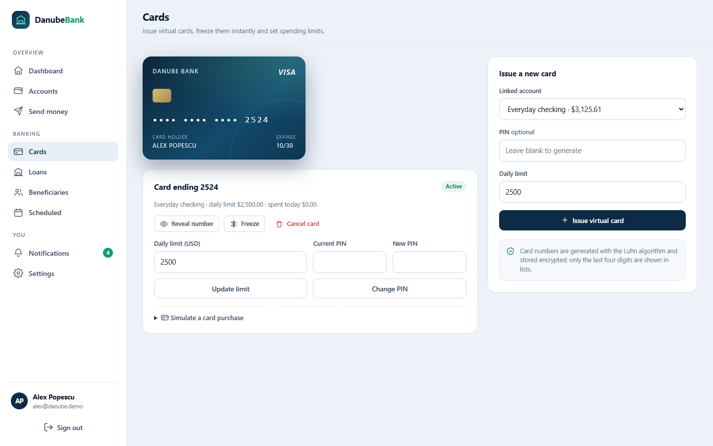 Virtual debit cards page with encrypted numbers, freeze and daily limits